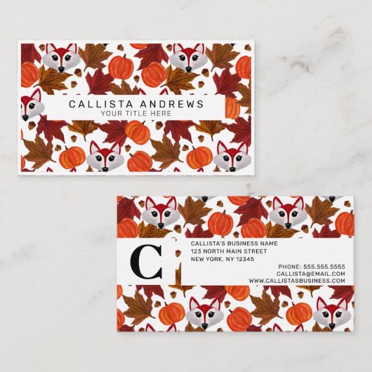 Cute Herfst Fox Pumpkin Acorn Maple Leaf Waterverf Visitekaartje (Voorkant / Achterkant)