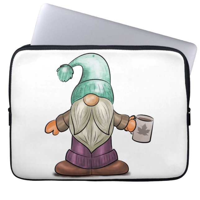 Cute Herfst Gnome met koffie Mok Laptop Sleeve (Voorkant)