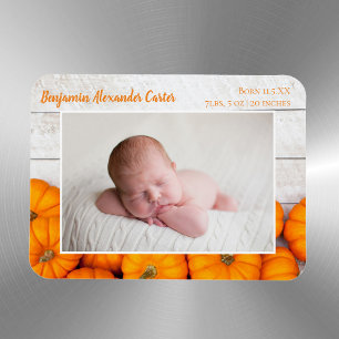 Cute Herfst Pumpkin Newborn Foto geboorteaankondig Magneet