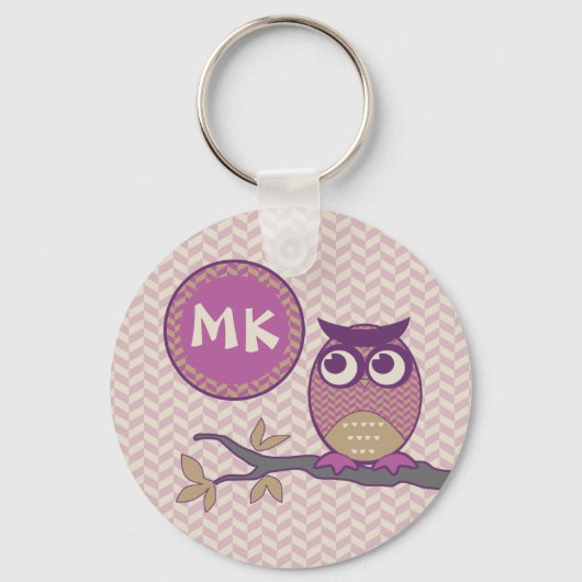 Cute Herringbone Owl Trendy Orchid Paarse Moon Sleutelhanger (Voorkant)