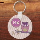 Cute Herringbone Owl Trendy Orchid Paarse Moon Sleutelhanger (Voorkant)