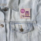 Cute Herringbone Owl Trendy Orchid Paarse Moon Vierkante Button 5,1 Cm (In situ)