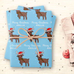 Cute hert met kerstman hoed kinderen blauw inpakpa inpakpapier vel