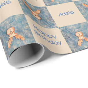 Cute Herten Rendieren Blau Gelukkige Verjaardag Ki Cadeaupapier