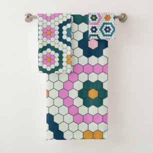 Cute Hexagon Shapes Tegel Pattern Retro Blauwgroen Bad Handdoek