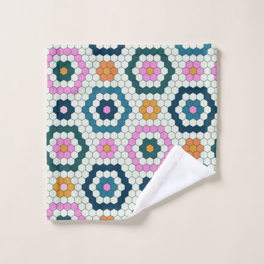 Cute Hexagon Shapes Tegel Pattern Retro Blauwgroen Bad Handdoek (Wasdoekje)