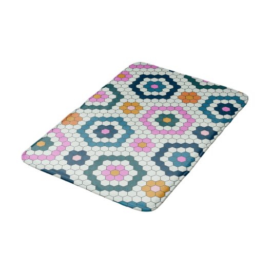 Cute Hexagon Shapes Tegel Pattern Retro Blauwgroen Badmat (Gekanteld)