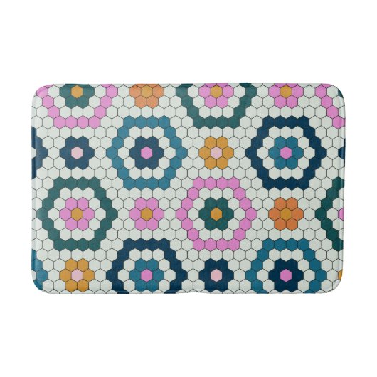 Cute Hexagon Shapes Tegel Pattern Retro Blauwgroen Badmat (Voorkant)