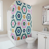 Cute Hexagon Shapes Tegel Pattern Retro Blauwgroen Douchegordijn (In situ)