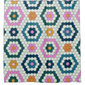 Cute Hexagon Shapes Tegel Pattern Retro Blauwgroen Douchegordijn (Voorkant)
