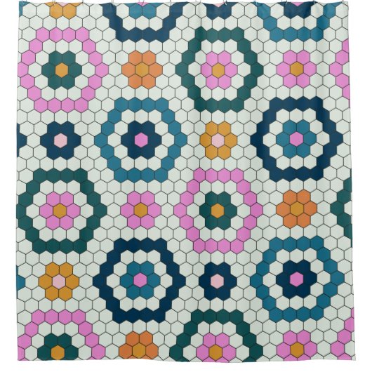 Cute Hexagon Shapes Tegel Pattern Retro Blauwgroen Douchegordijn (Voorkant)