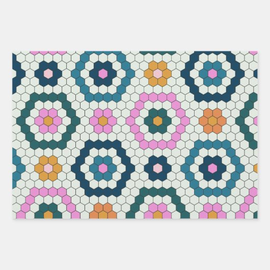 Cute Hexagon Shapes Tegel Pattern Retro Blauwgroen Inpakpapier Vel (Voorkant 3)