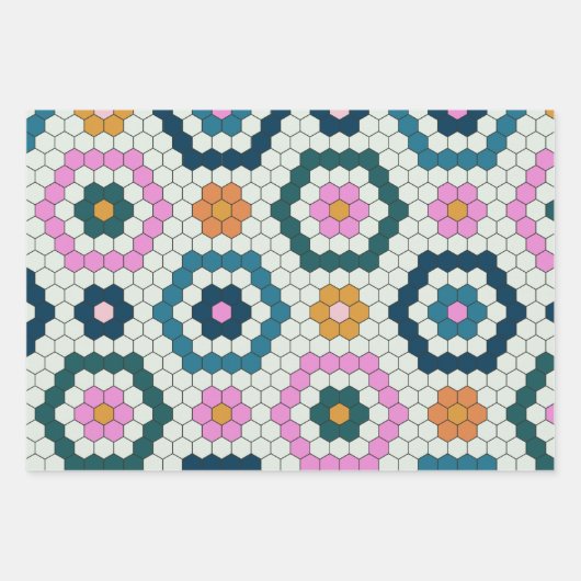 Cute Hexagon Shapes Tegel Pattern Retro Blauwgroen Inpakpapier Vel (Voorkant 2)