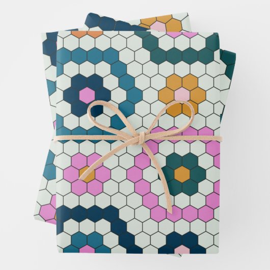 Cute Hexagon Shapes Tegel Pattern Retro Blauwgroen Inpakpapier Vel (In situ)