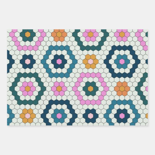 Cute Hexagon Shapes Tegel Pattern Retro Blauwgroen Inpakpapier Vel (Voorkant)