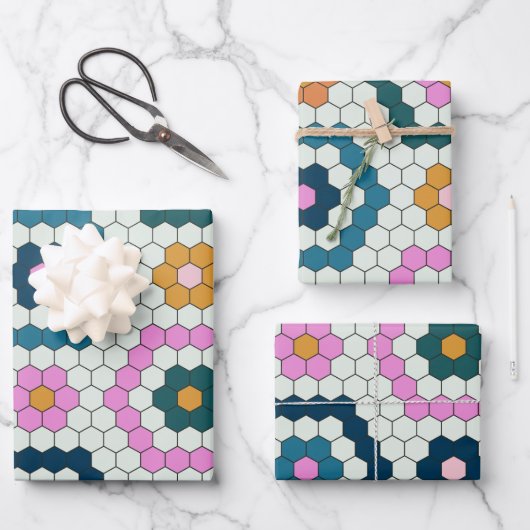 Cute Hexagon Shapes Tegel Pattern Retro Blauwgroen Inpakpapier Vel (Voorkant)