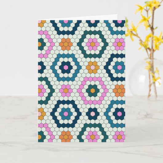 Cute Hexagon Shapes Tegel Pattern Retro Blauwgroen Kaart (Gele Bloem)