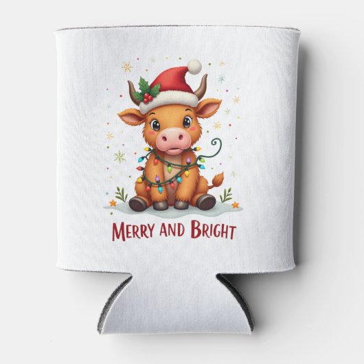 Cute Highland Baby Cow Christmas Lights Merry & Br Blikjeskoeler (Voorkant)