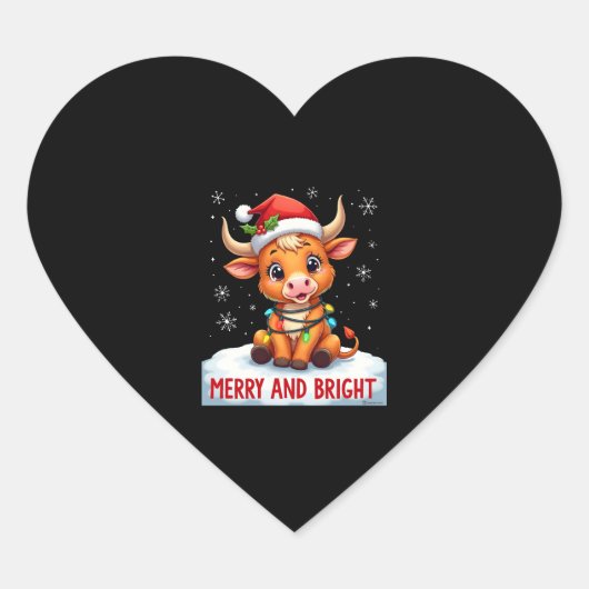 Cute Highland Baby Cow Christmas Lights Merry & Br Hart Sticker (Voorkant)