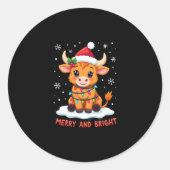 Cute Highland Baby Cow Christmas Lights Merry & Br Ronde Sticker (Voorkant)