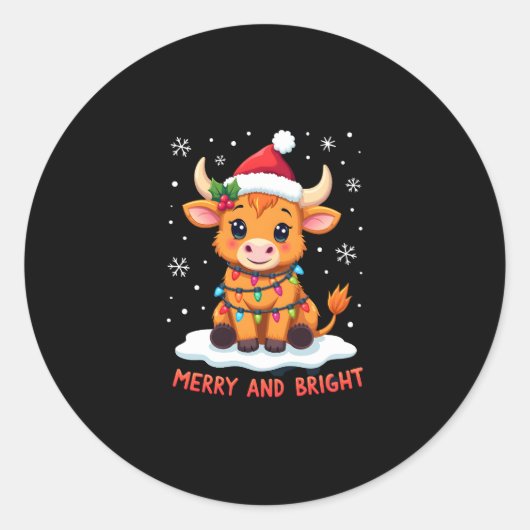 Cute Highland Baby Cow Christmas Lights Merry & Br Ronde Sticker (Voorkant)