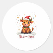 Cute Highland Baby Cow Christmas Lights Merry & Br Ronde Sticker (Voorkant)