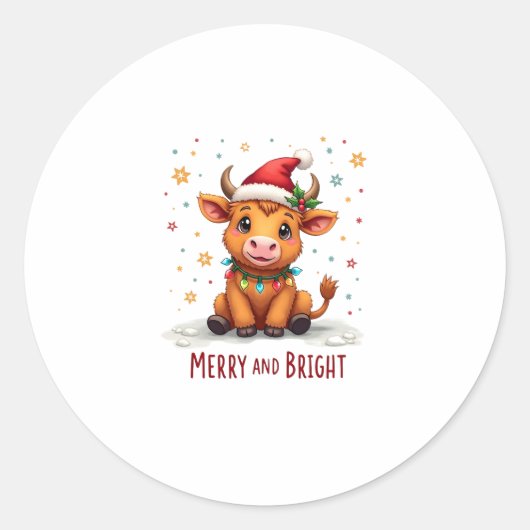 Cute Highland Baby Cow Christmas Lights Merry & Br Ronde Sticker (Voorkant)
