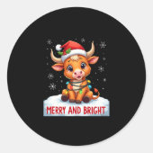 Cute Highland Baby Cow Christmas Lights Merry & Br Ronde Sticker (Voorkant)
