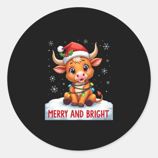 Cute Highland Baby Cow Christmas Lights Merry & Br Ronde Sticker (Voorkant)