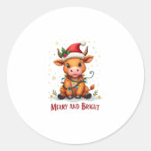 Cute Highland Baby Cow Christmas Lights Merry & Br Ronde Sticker (Voorkant)