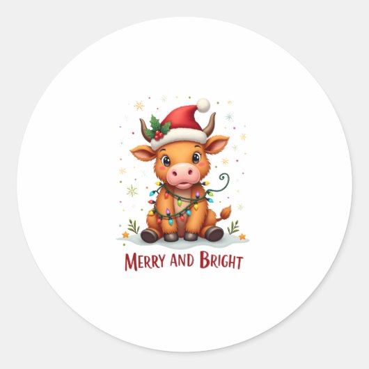 Cute Highland Baby Cow Christmas Lights Merry & Br Ronde Sticker (Voorkant)