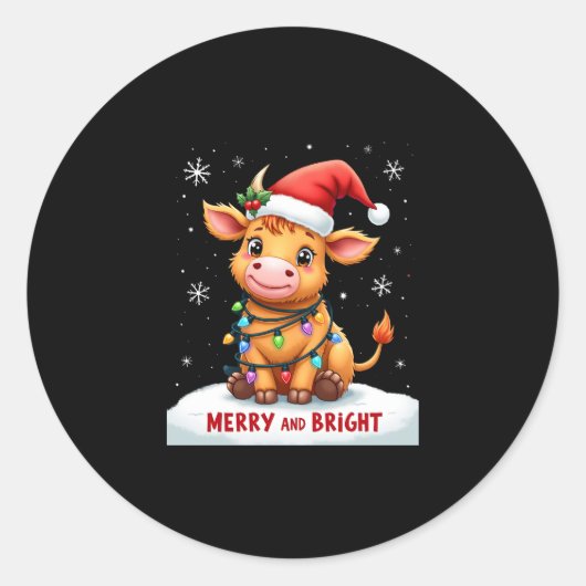 Cute Highland Baby Cow Christmas Lights Merry & Br Ronde Sticker (Voorkant)