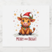 Cute Highland Baby Cow Christmas Lights Merry & Br Sparkling Wijnetiket (Enkel label)