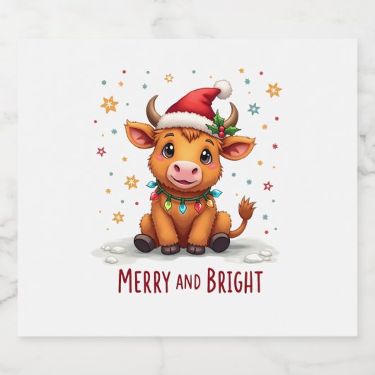 Cute Highland Baby Cow Christmas Lights Merry & Br Sparkling Wijnetiket (Enkel label)