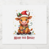 Cute Highland Baby Cow Christmas Lights Merry & Br Sparkling Wijnetiket (Enkel label)