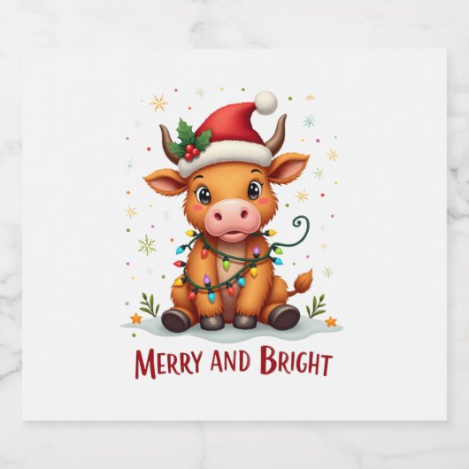 Cute Highland Baby Cow Christmas Lights Merry & Br Sparkling Wijnetiket (Enkel label)