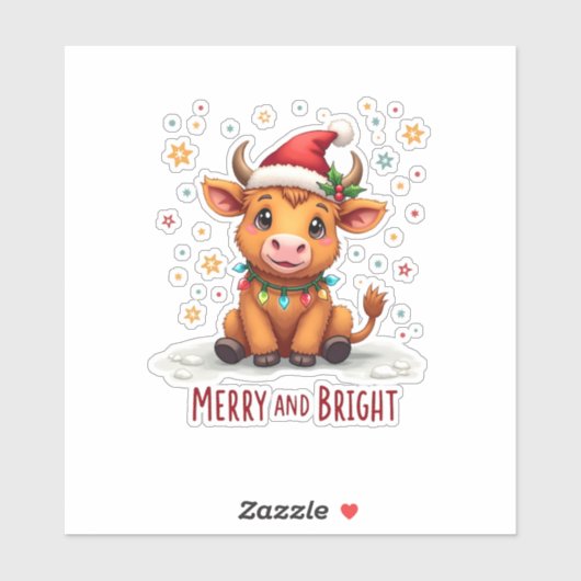 Cute Highland Baby Cow Christmas Lights Merry & Br Sticker (Vel)