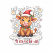 Cute Highland Baby Cow Christmas Lights Merry & Br Sticker (Voorkant)