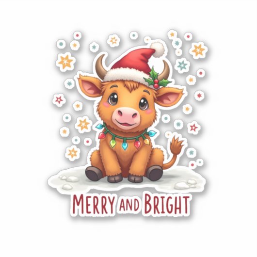 Cute Highland Baby Cow Christmas Lights Merry & Br Sticker (Voorkant)