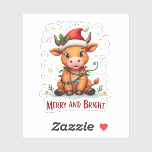 Cute Highland Baby Cow Christmas Lights Merry & Br Sticker (Vel)