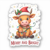 Cute Highland Baby Cow Christmas Lights Merry & Br Sticker (Voorkant)