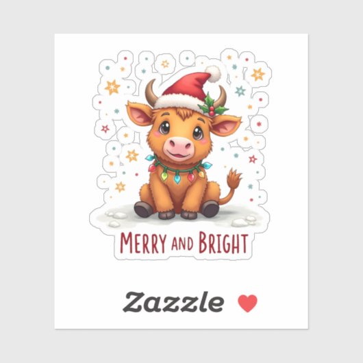 Cute Highland Baby Cow Christmas Lights Merry & Br Sticker (Vel)