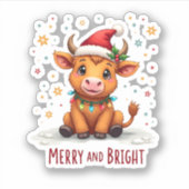 Cute Highland Baby Cow Christmas Lights Merry & Br Sticker (Voorkant)