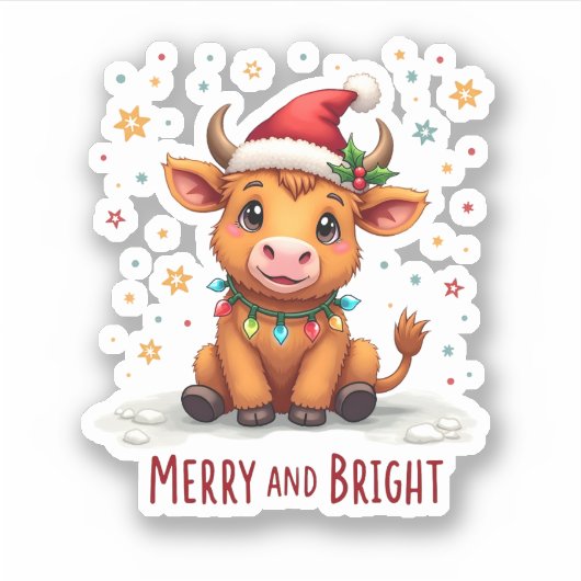 Cute Highland Baby Cow Christmas Lights Merry & Br Sticker (Voorkant)