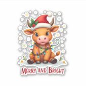 Cute Highland Baby Cow Christmas Lights Merry & Br Sticker (Voorkant)