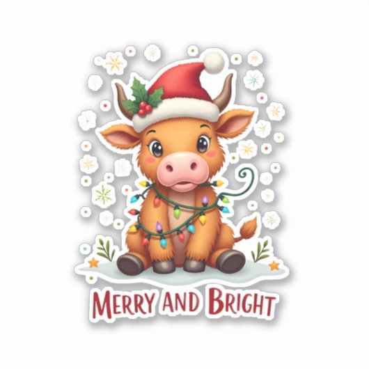 Cute Highland Baby Cow Christmas Lights Merry & Br Sticker (Voorkant)