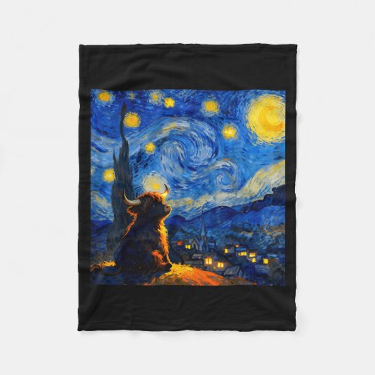 Cute Highland Baby Cow Graphic Van Gogh Style Star Fleece Deken (Voorkant)