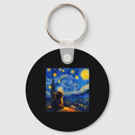 Cute Highland Baby Cow Graphic Van Gogh Style Star Sleutelhanger (Voorkant)