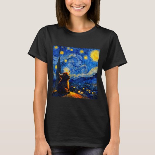 Cute Highland Baby Cow Graphic Van Gogh Style Star T-shirt (Voorkant)