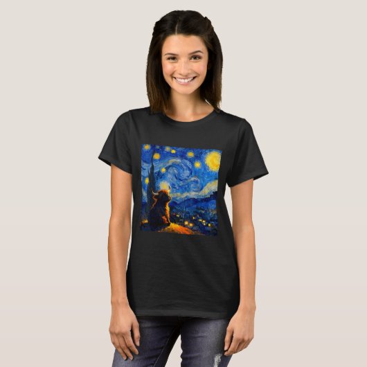 Cute Highland Baby Cow Graphic Van Gogh Style Star T-shirt (Voorkant volledig)